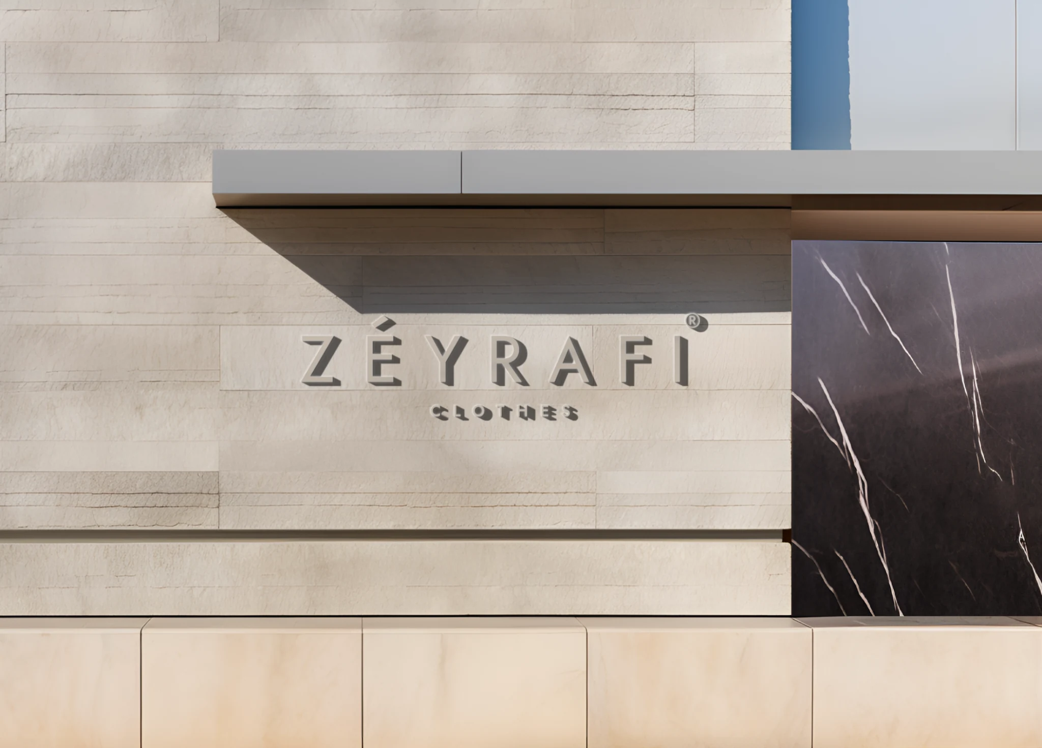 Zéyrafi lettering on the stone facade of the atelier entrance